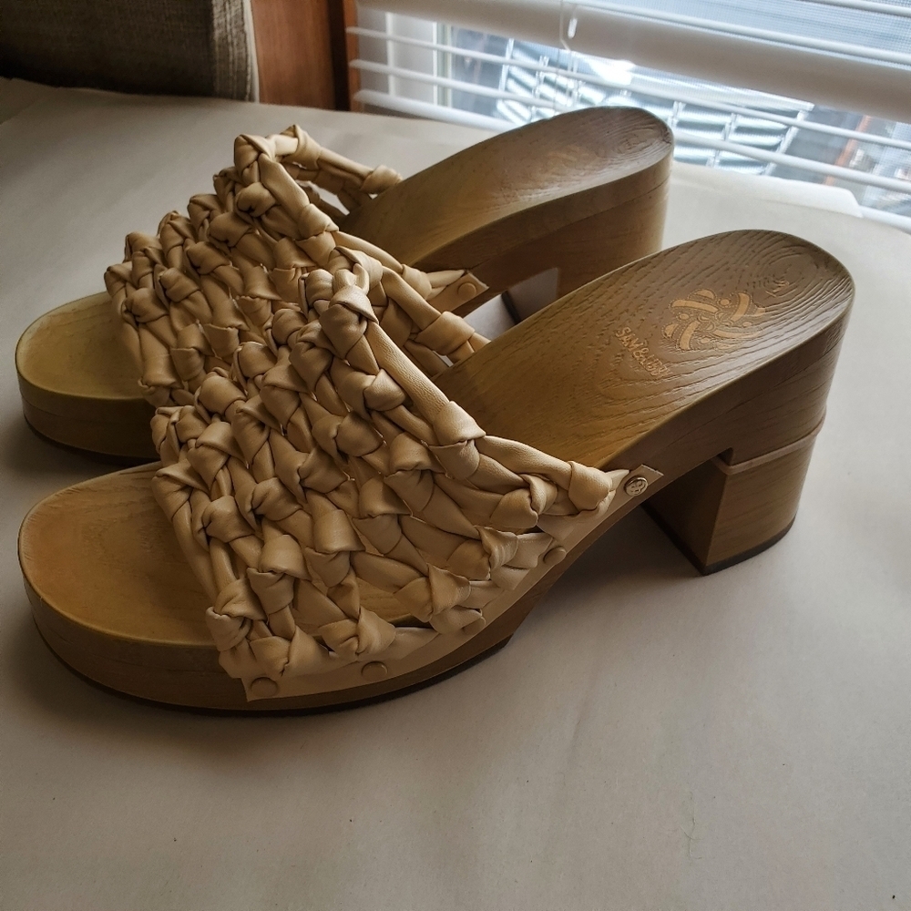 Sam & Libby Carina Knotted Wooden Mule Sandals. 9 Light Cream Block Heel Nwot